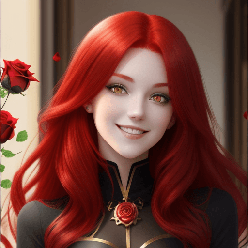 AI generated: red hair, golden eyes, black rose, girl, smile