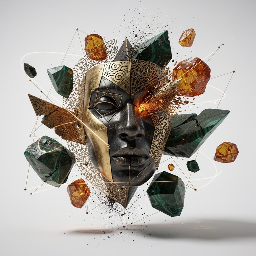 AI generated: Cinematic film still of a metaphysical transformation. Ultra-realistic 3D render of a kinetic abstra...
