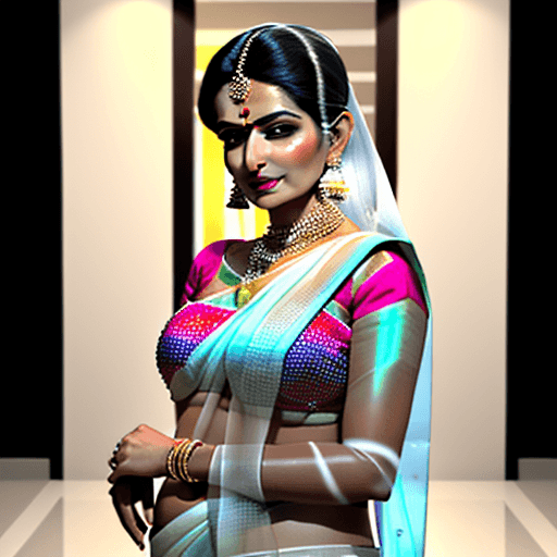 AI generated: Bold and gorgeous Indian mother wearing shiny white transparent saree,   ultra realistic vision, att...