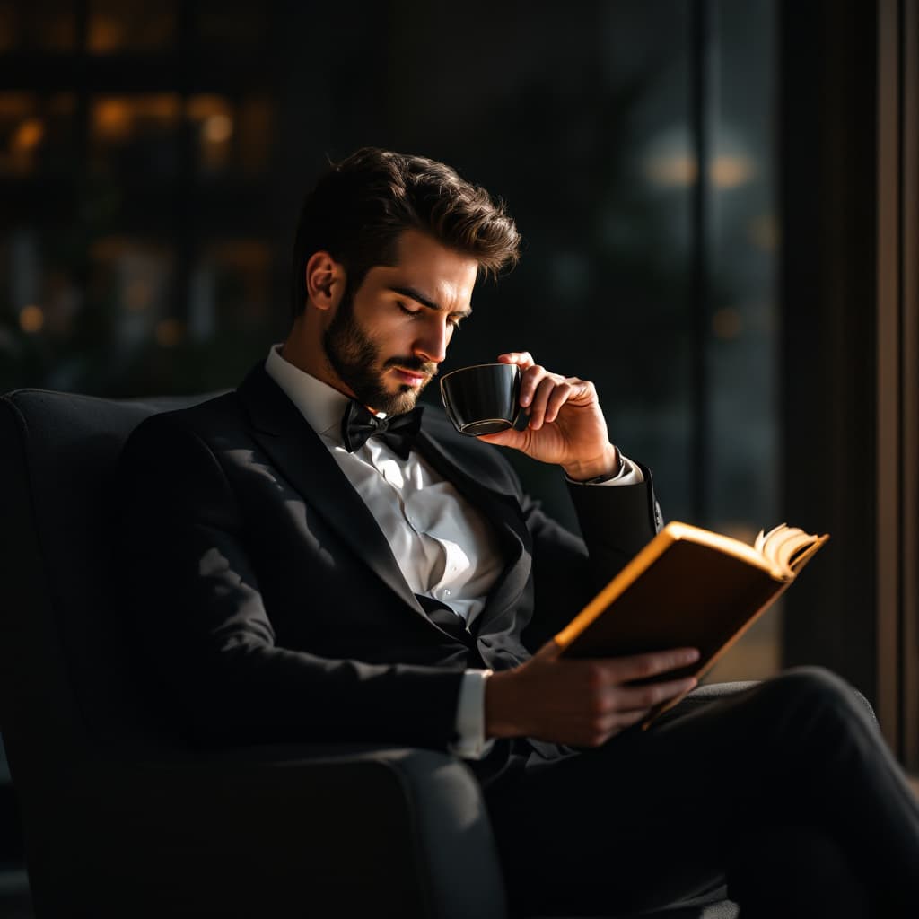 AI generated: Generate a photo of a business man sitting on a chair reading a book in his hand and drinking coffee...
