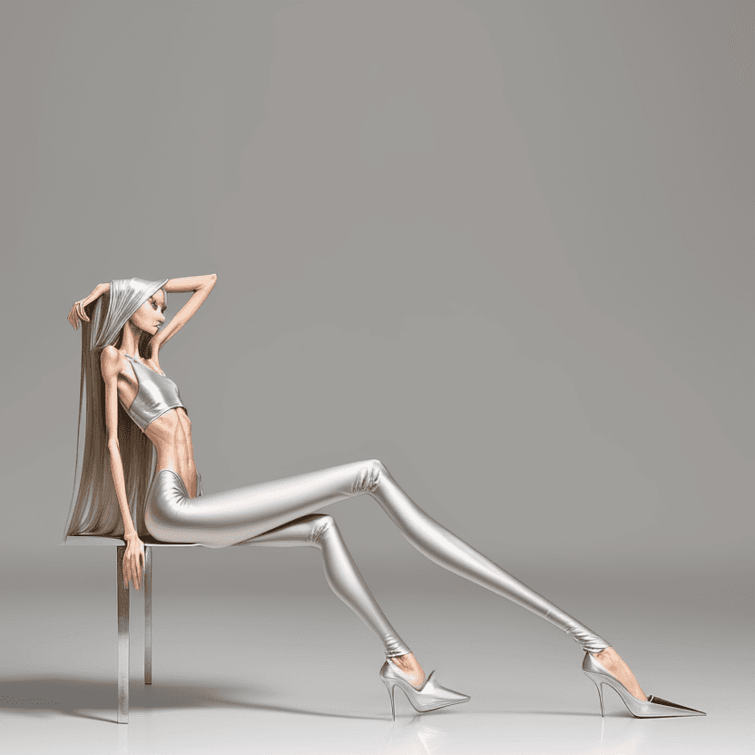 AI generated: photo of an extremely skinny, flat-chested model with extreme long and skinny legs with extreme long...