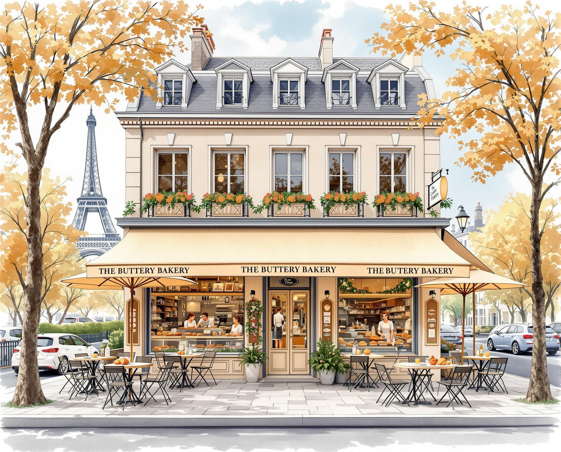 AI generated: The Buttery Bakery as if it’s being in paris, you can draw a watercolor of the bakery and add Eiffel...