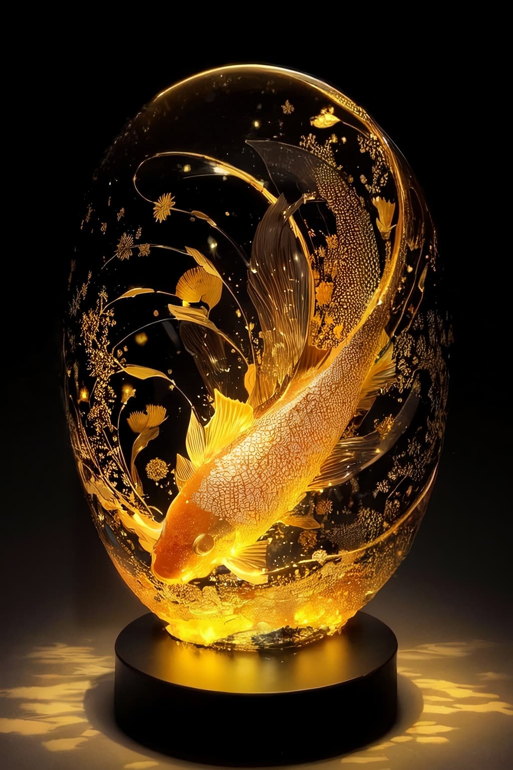 AI generated: A radiant and translucent glass particle sculpture of a koi fish by Hokusai, gold and black color sc...