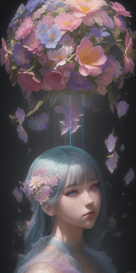 AI generated: 3d holographic editorial photo: さよなら, A beautiful landscape, detailed, floral, fantasy, landscape, f...