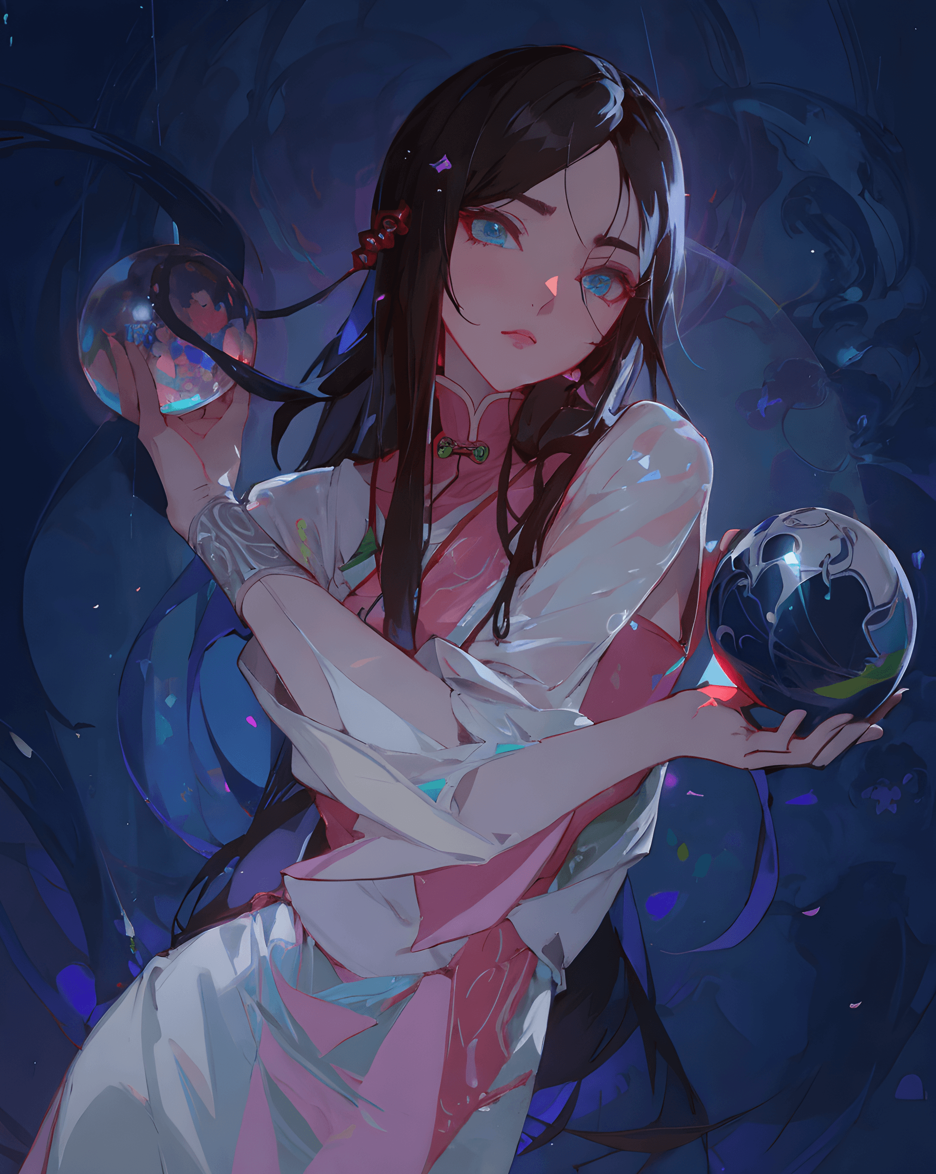 AI generated: a painting of a woman holding a crystal ball, cyberpunk art, pixiv contest winner, porcelain skin. s...
