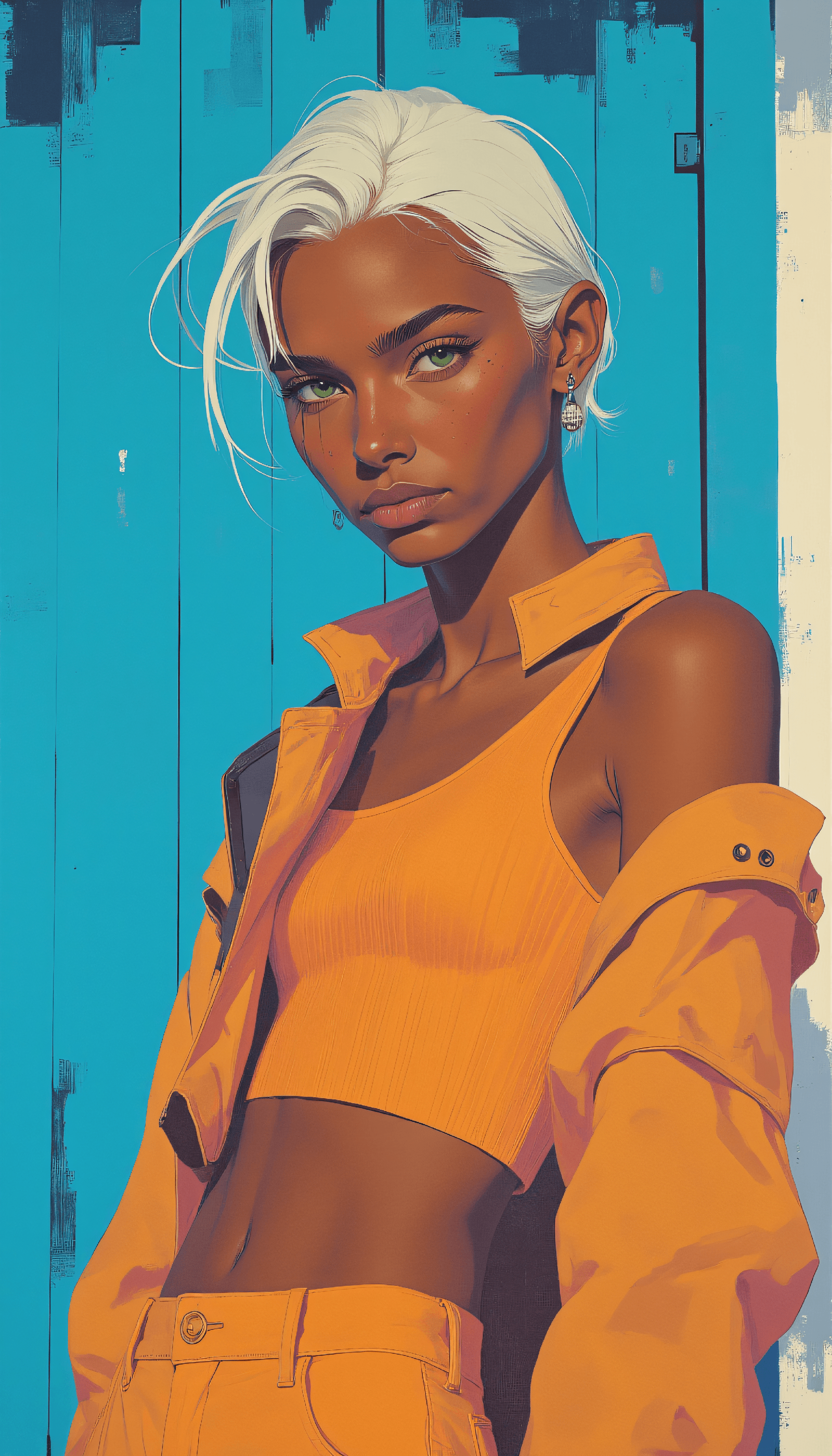 AI generated: semi-realistic fashion digital painting, in bright, airy aesthetic with the blue tones, of a 24 year...