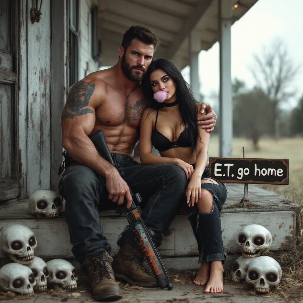 AI generated: full body view of a couple. A muscular man with a light beard, muscular, boots, with a rifle in his ...