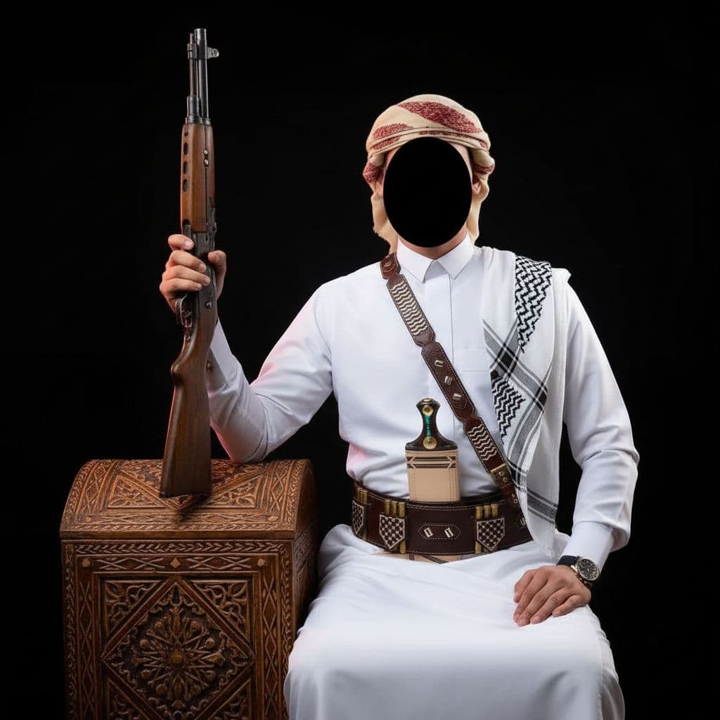AI generated: A man of Middle Eastern descent, of indeterminate age, is seated in a chair. His face is obscured by...
