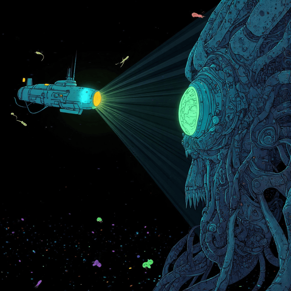 AI generated: A cinematic, three-quarter view of the Trieste bathyscaphe, a deep-sea exploration vessel descending...