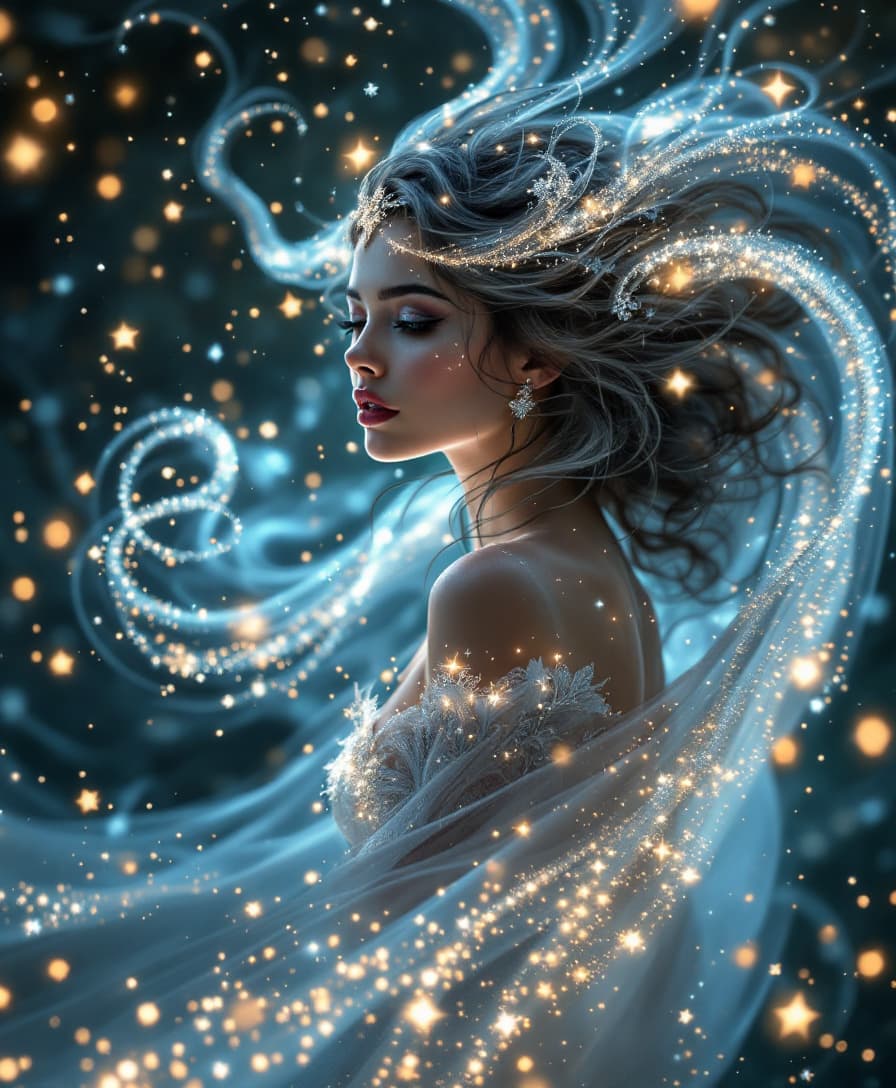 AI generated: Imagine a ((magical women)), adorned with intricate ((swirling patterns)) and (sparkling light effec...