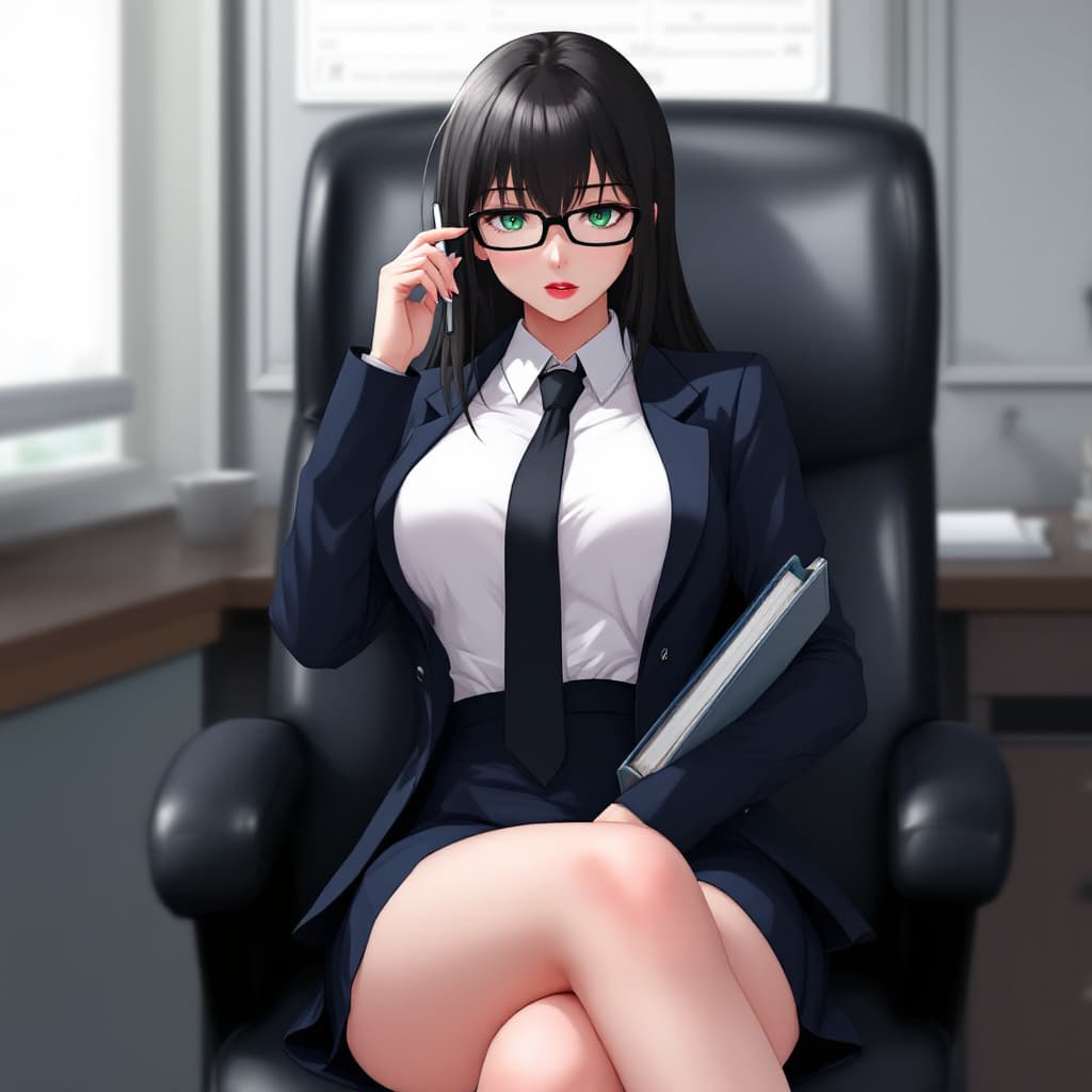 AI generated: anime, woman, black hair, long hair, green eyes, wearing black glasses, red lips, white shirt, black...