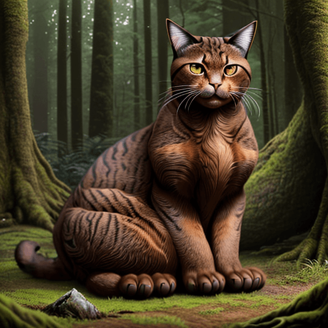 AI generated: frontal view of a nice, wise, giant brown cat sitting in a prehistoric forest, looking down, frontal...