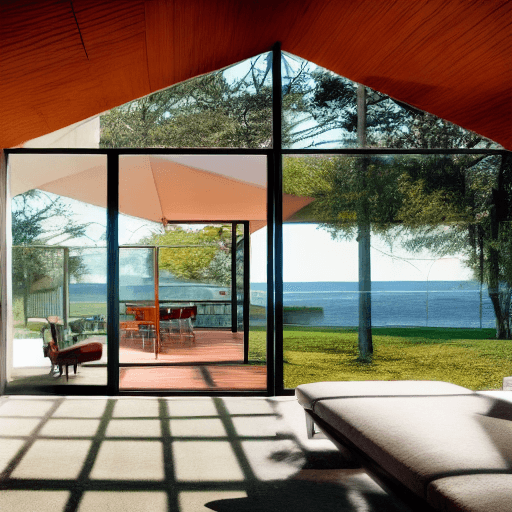AI generated: Hyper realistic eye level exterior photo of a mid century modern style house overlooking the ocean, ...