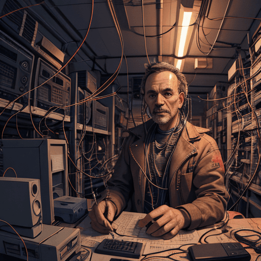 AI generated: (((illustration))), [realistic]((detailed background)), a man wrapped in wires and cables, in a comp...