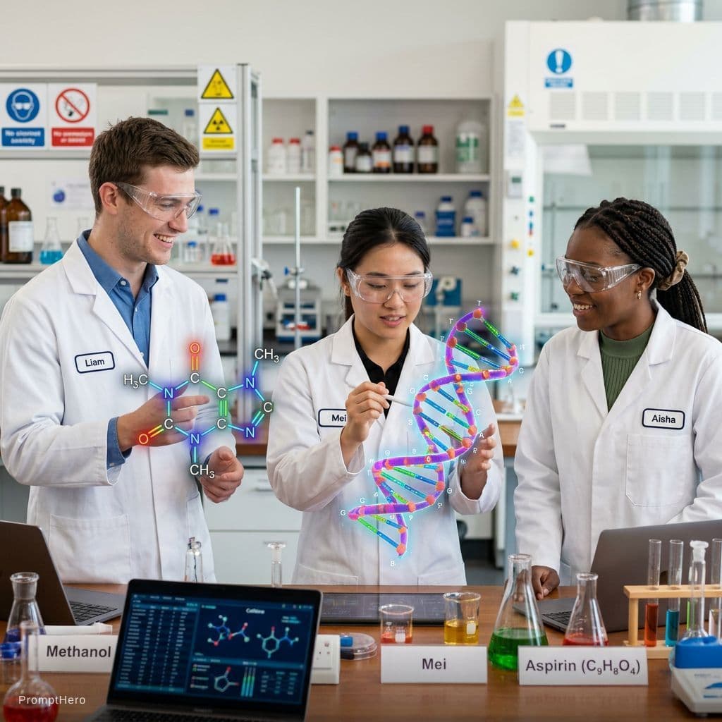 AI generated: A studio-lit chemistry lab with three students, each from different descents: Caucasian, Asian, and ...