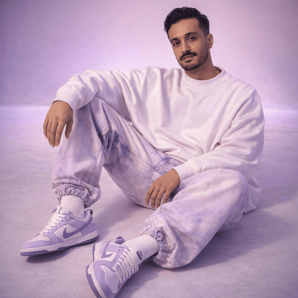 AI generated: Oversized white sweatshirt, white purple oversized combat jean, styled with footwear: white purple n...