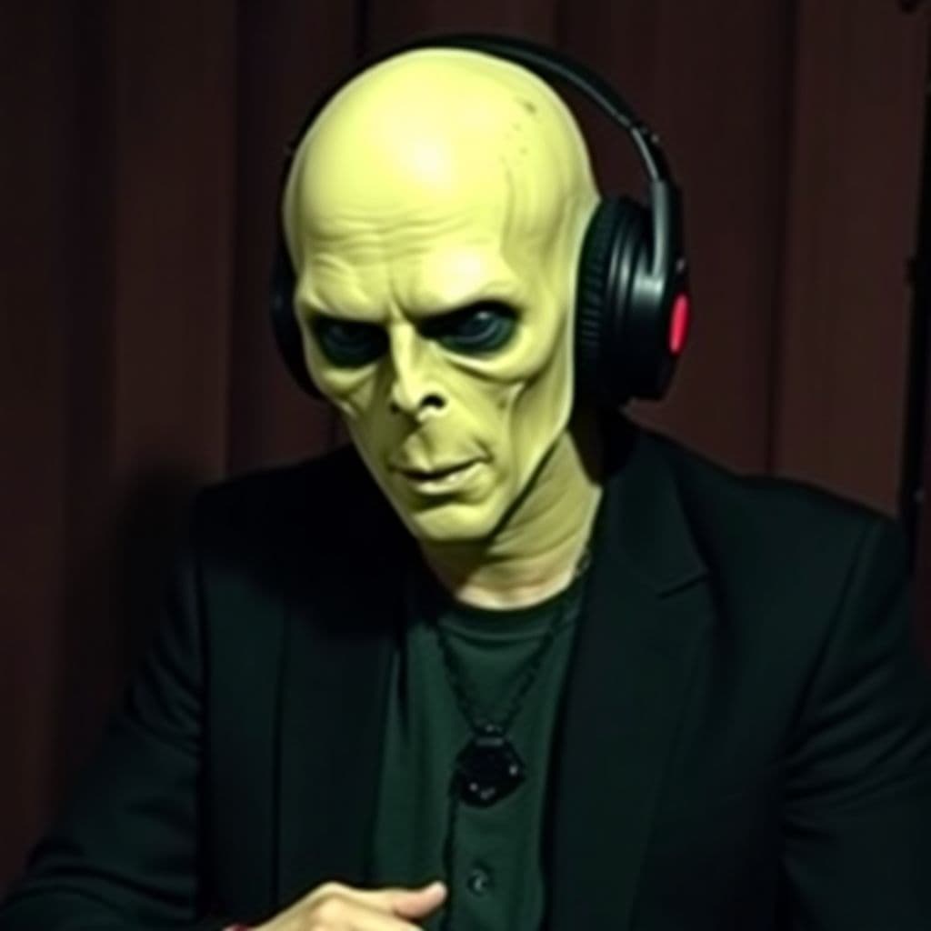 AI generated: Joe Rogan on set with slenderman, horror, unsettling, the shmiggle experience