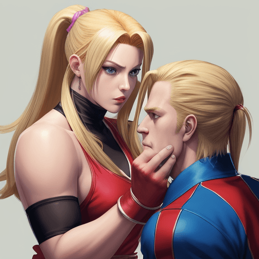 AI generated: King of Fighters' Mary Ryan applying makeup to King of Fighters' Terry Bogard, forcing him to dress ...