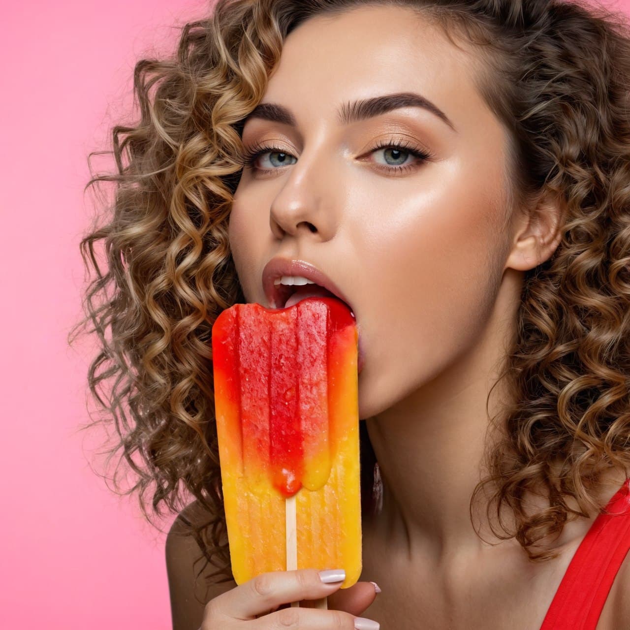 AI generated: woman, licking massive popsicle, licking popsicle, curly, (Masterpiece:1.3), (best quality:1.3), <lo...