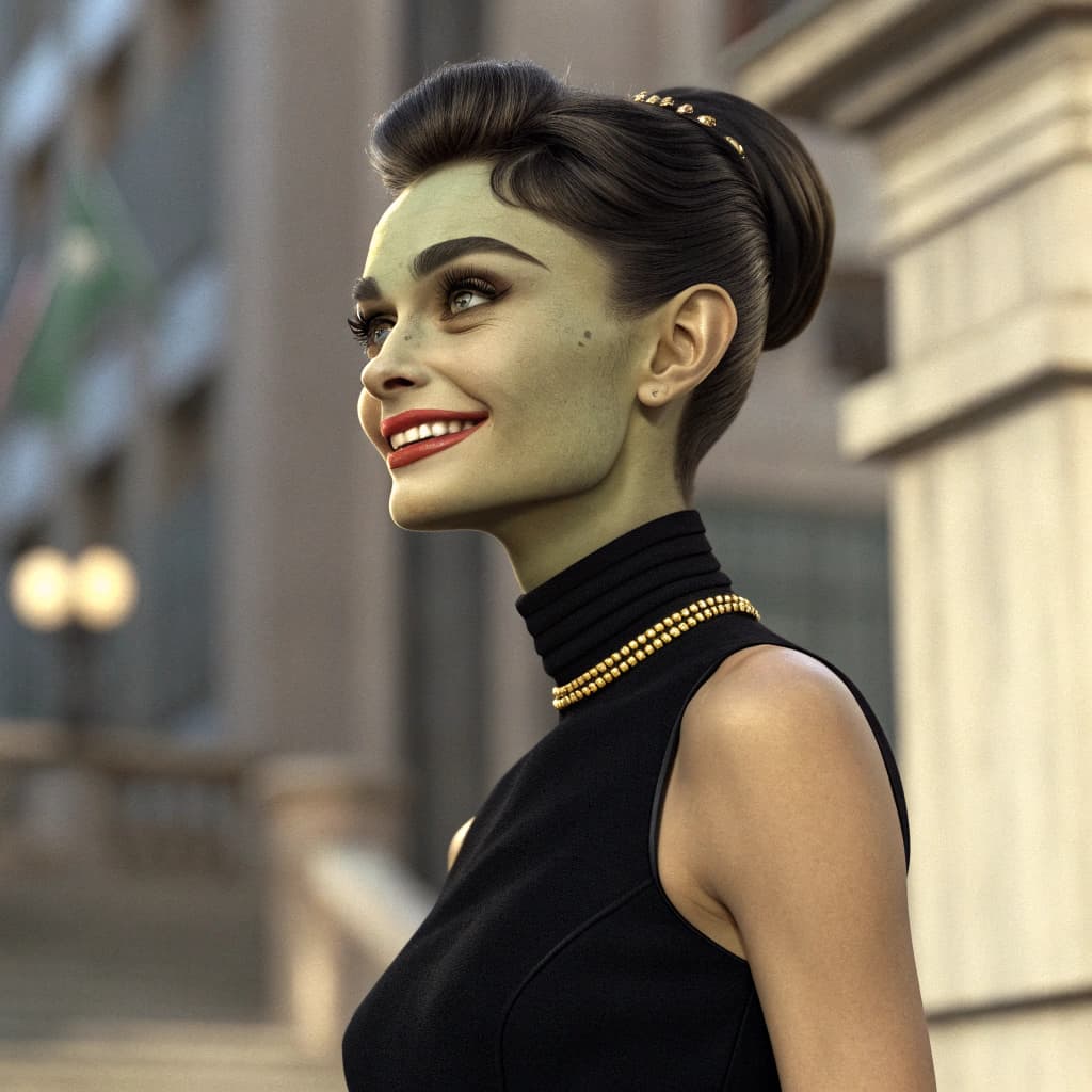 AI generated: Modeled after Audrey Hepburn from breakfast at tiffany's. Olive skin female alien human hybrid with ...