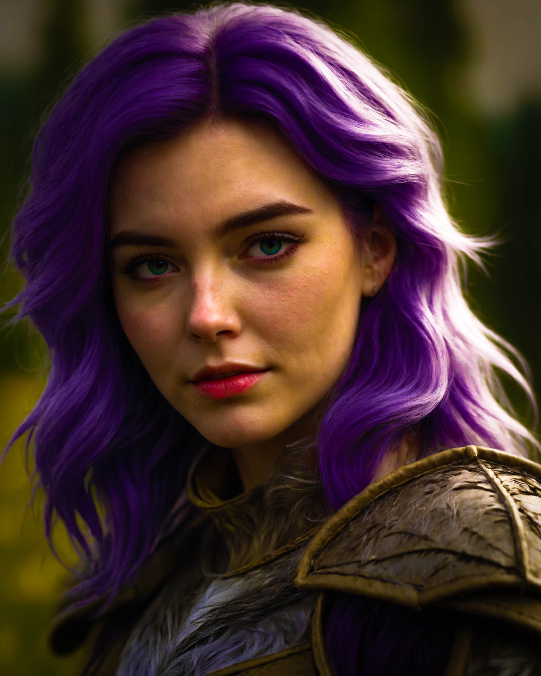 AI generated: 	A female knight wielding a sword, gold Amor, long purple hair, in a field of flowers, sharp focus, ...