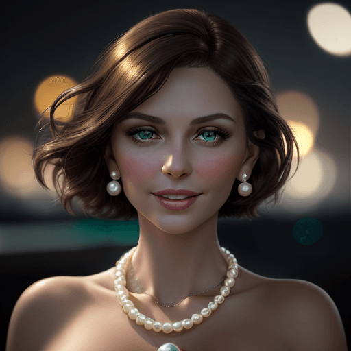 AI generated: portrait of beautiful  brunette woman,(smiling),photo realistic, full image, green eyes,pearl neckla...