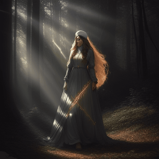 AI generated: mystical and beautiful woods, beautiful sunbeams through the foliage, realistic face, prpporcional f...