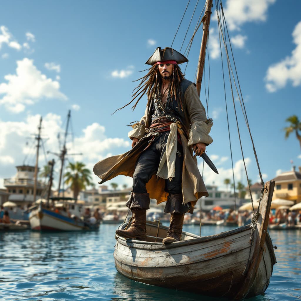 AI generated: "Depict the iconic opening scene of Jack Sparrow's dramatic entrance from Pirates of the Caribbean. ...