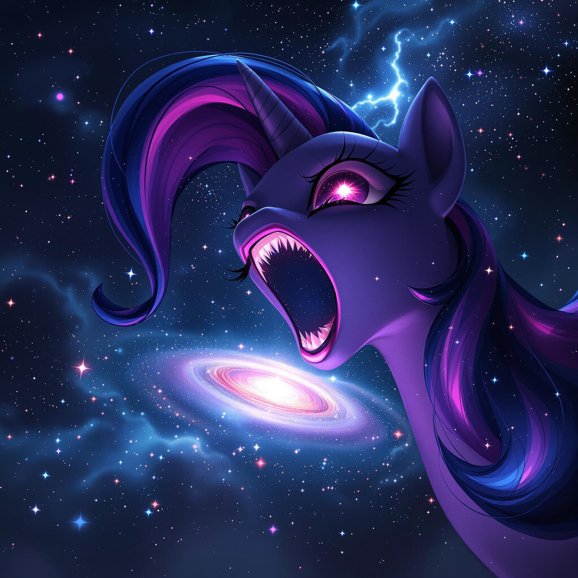 AI generated: enormous giantess twilight sparkle from my little pony
bigger than a galaxy floating in space, minus...