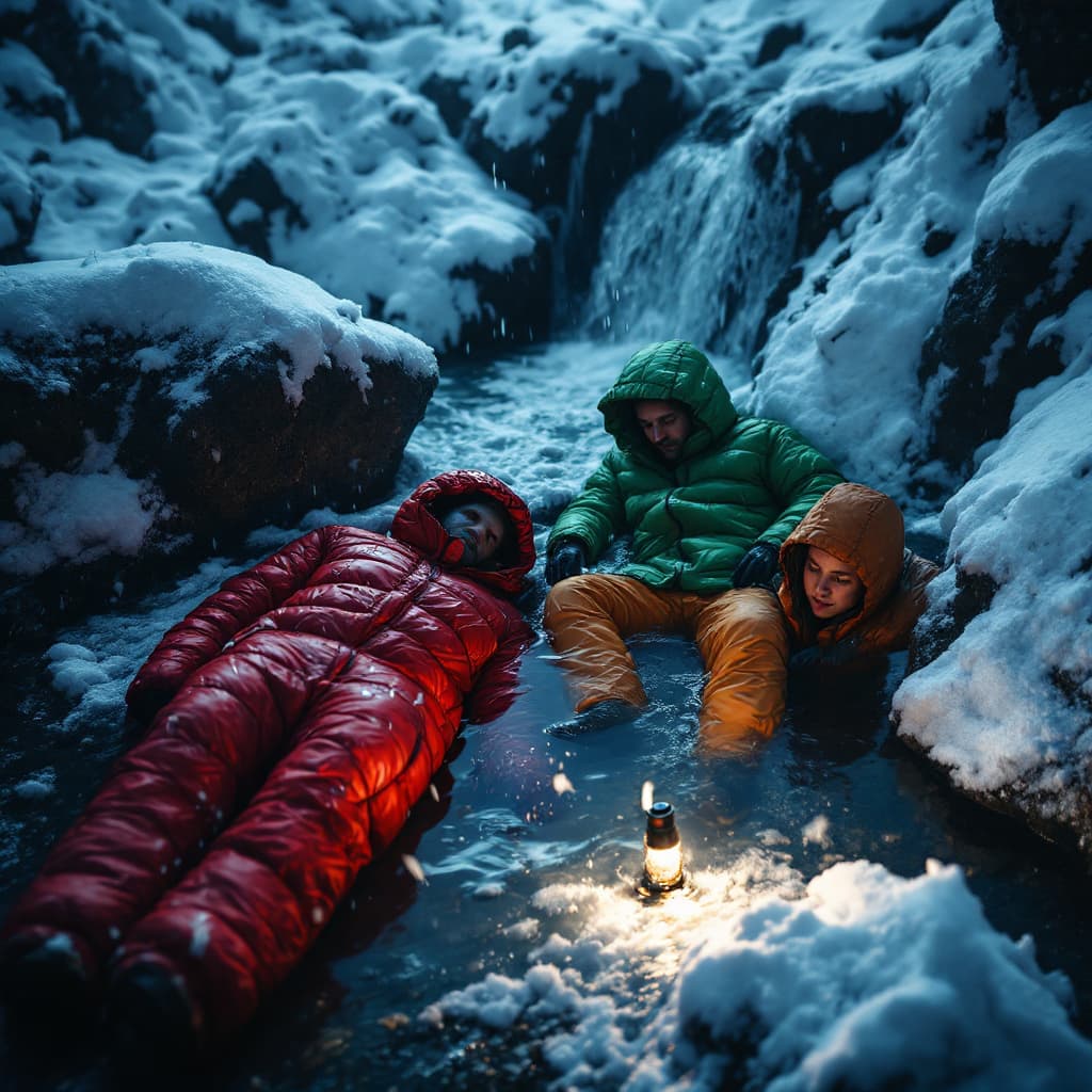 AI generated: Photo style, heavy snow, hot springs, small waterfalls, very dark night, strong winds, a dead person...