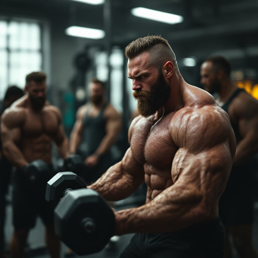 AI generated: A muscular and hairy guy resembling Charlie cox working out in the gym surrounded by Daredevils clon...