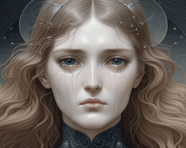 AI generated: futuristic woman, angry, crying blood insipired by Days of Creation (Third) Edward Burne-Jones and a...