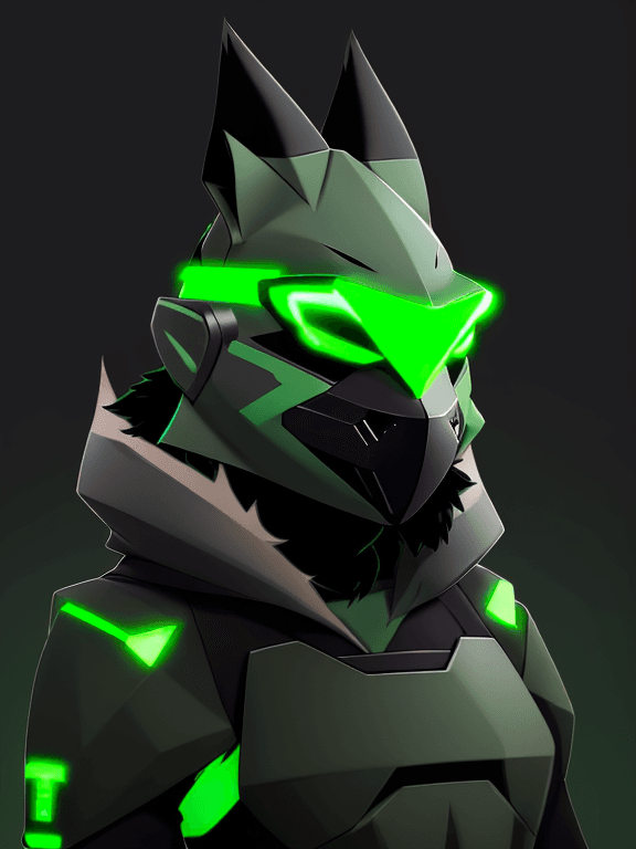 AI generated: mostly green Protogen headshot furry; zigzag mouth,  simple black complete protogen face visor; head...