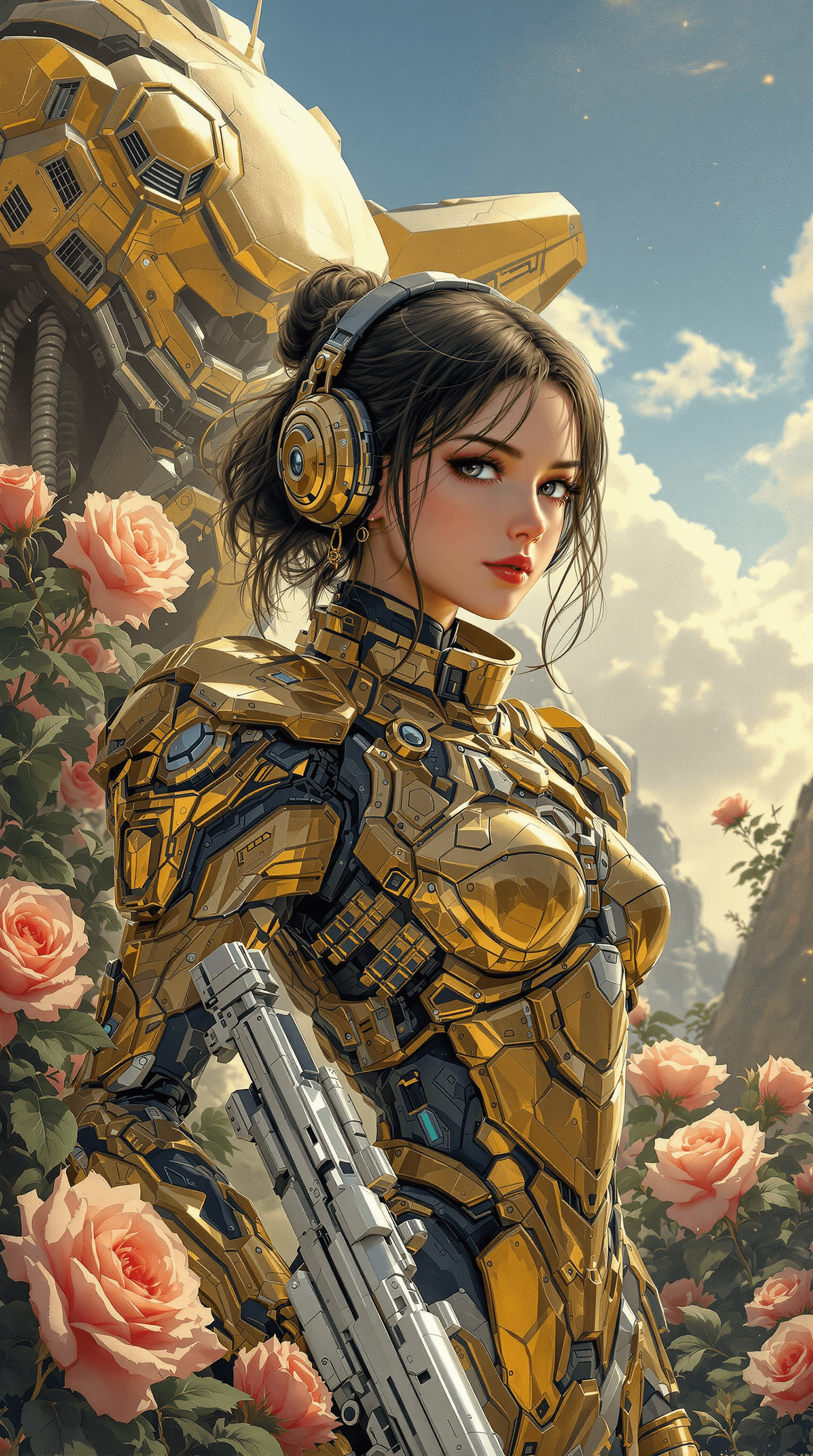 AI generated: young girl in a damaged futuristic suit (cyberpunk golden armor), style Soviet poster, USSR poster, ...