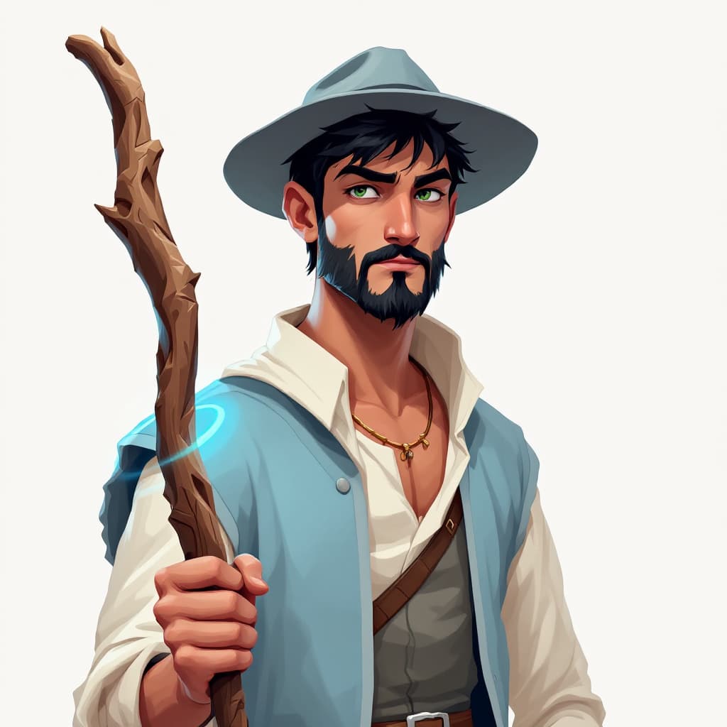 AI generated: A lean man in his mid-20's. He has Black hair, green eyes and a goatee. He is wearing a white shirt,...