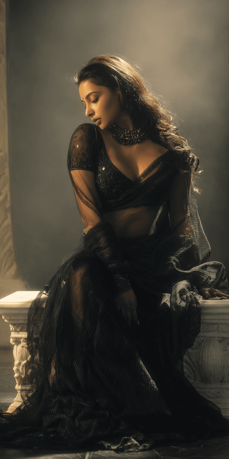 AI generated: **breath takingly gorgeous curvy Indian woman in a black designer saree, black beaded jewelry, black...