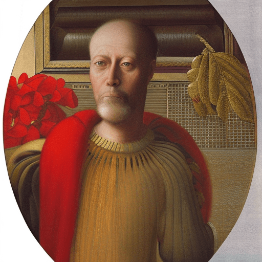 AI generated: in this startling masterpiece painting by Jan van Eyck in 8K a man has an orchid for a body as he st...