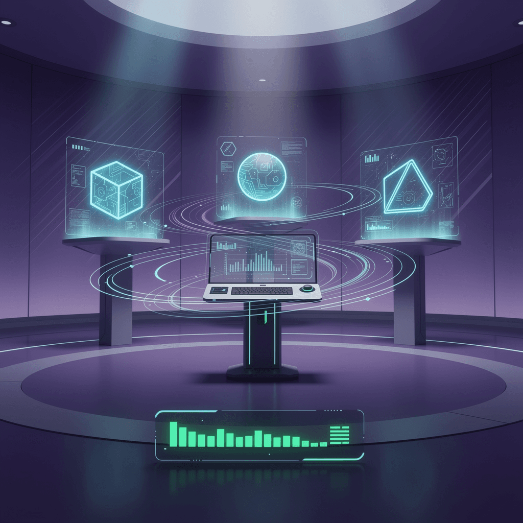 AI generated: futuristic IoT monitoring station, circular room with floating holographic device 
displays, deep pu...