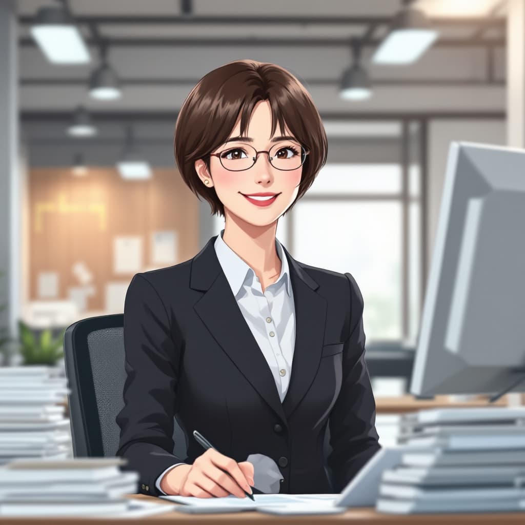 AI generated: 　　 Japanese  female ,Short brown short cut hair charismatic but soft smiling woman in her 50s. Seen ...