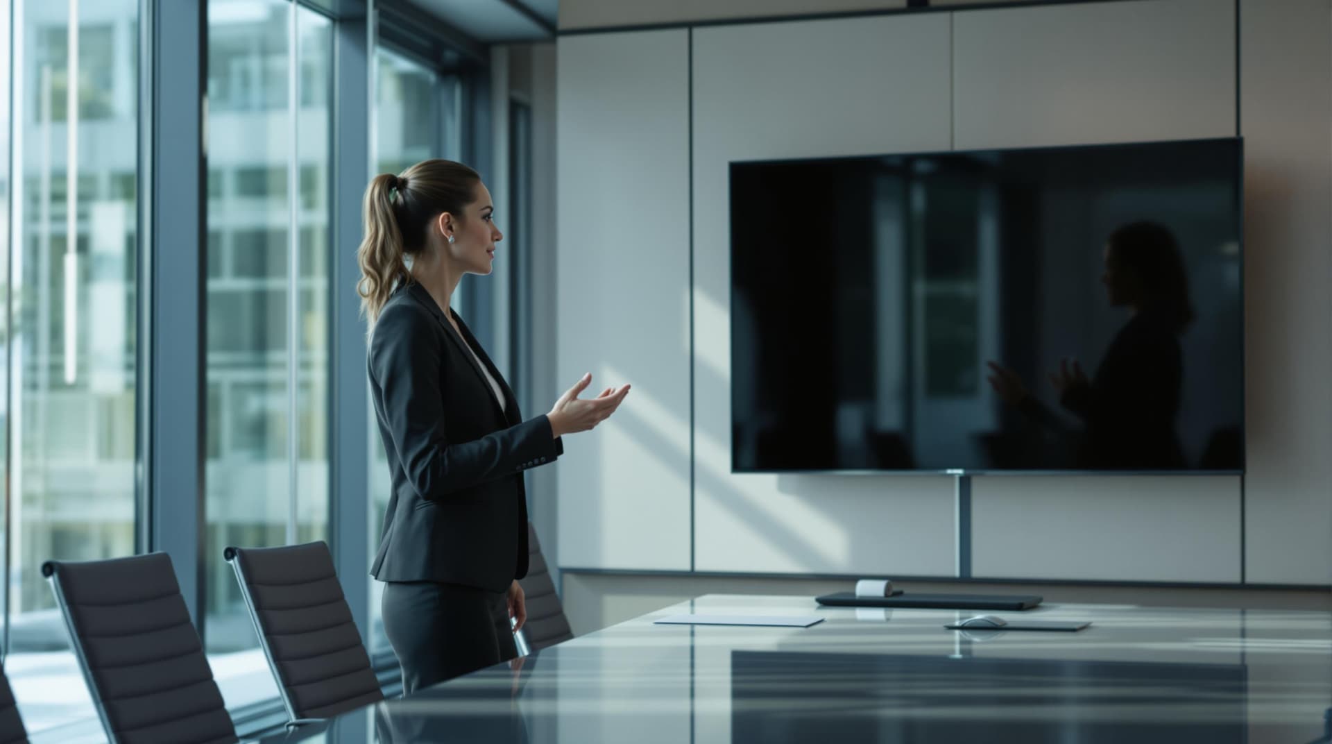 AI generated: "Ultra HD 8K, confident female CEO leading a business presentation in a glass-walled conference room...