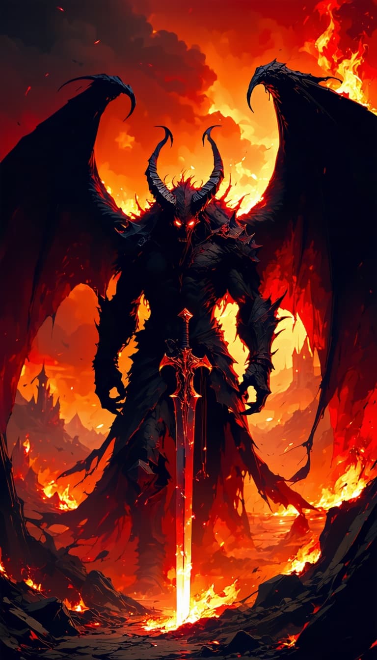 AI generated: erotic demon,very angry ,glowing eyes,with a sword,in hell,wings