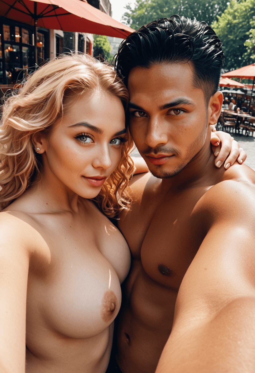 AI generated: a man and woman posing next to each other, 1girl, long hair, breasts, looking at viewer, smile, blon...