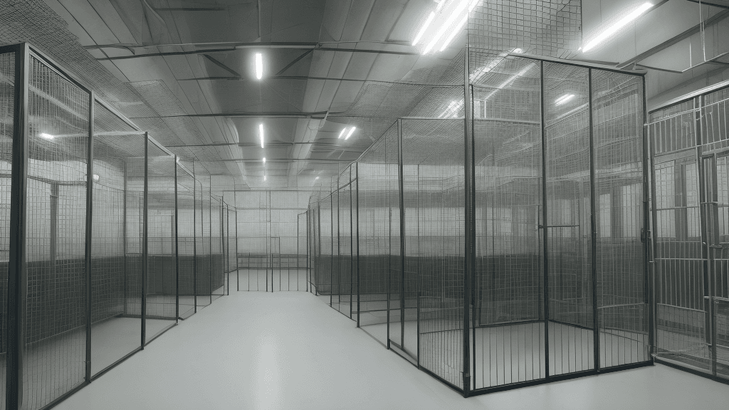 AI generated: A secret laboratory with cages containing hybrid organisms