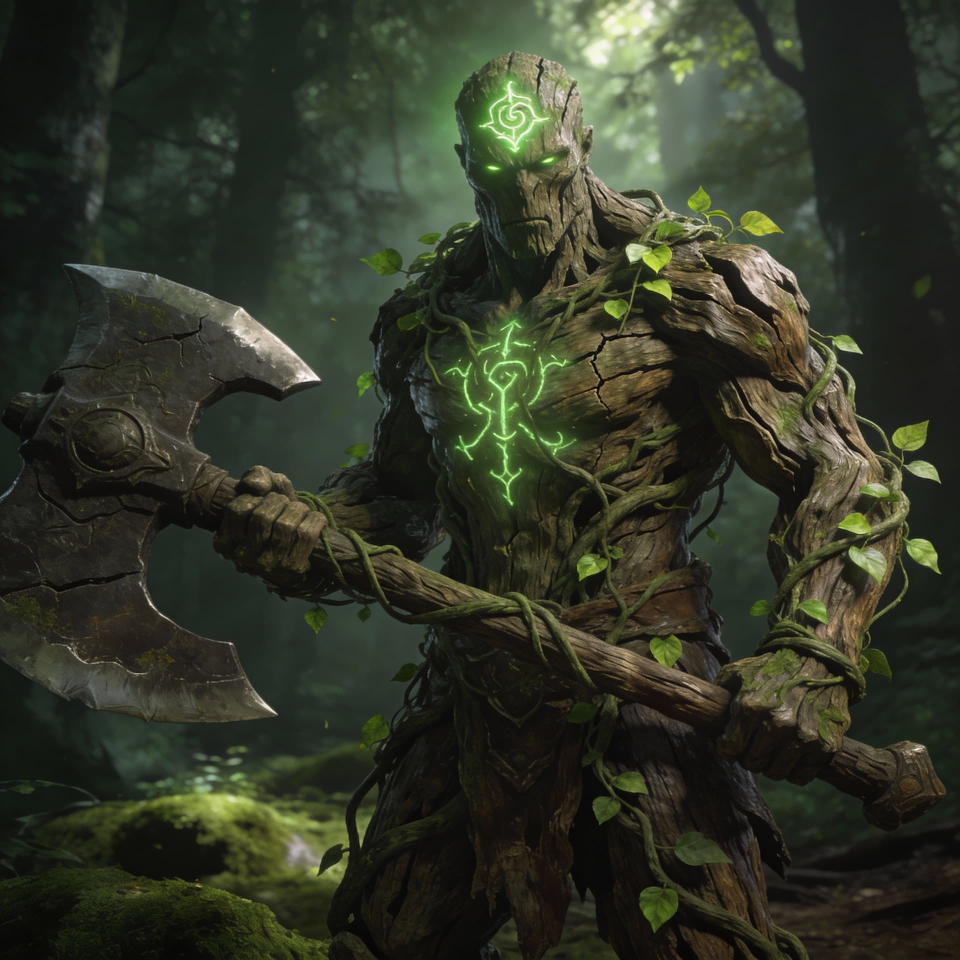 AI generated: male warforged barbarian, made of petrified wood and vines, wielding a great axe, glowing green sigi...
