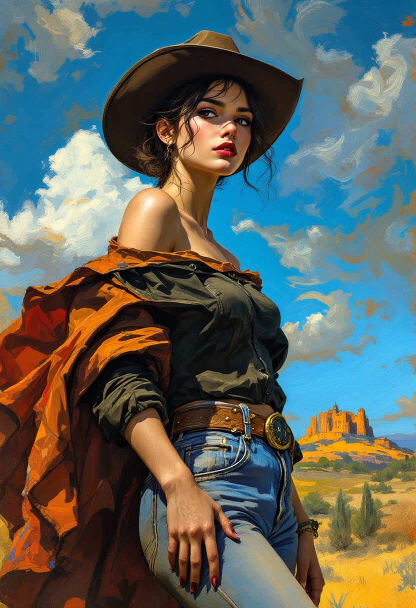 AI generated: Portrait of a cowgirl in jeans with an off shoulder, Art Nouveau, Neo-Impressionism, Charcoal illust...