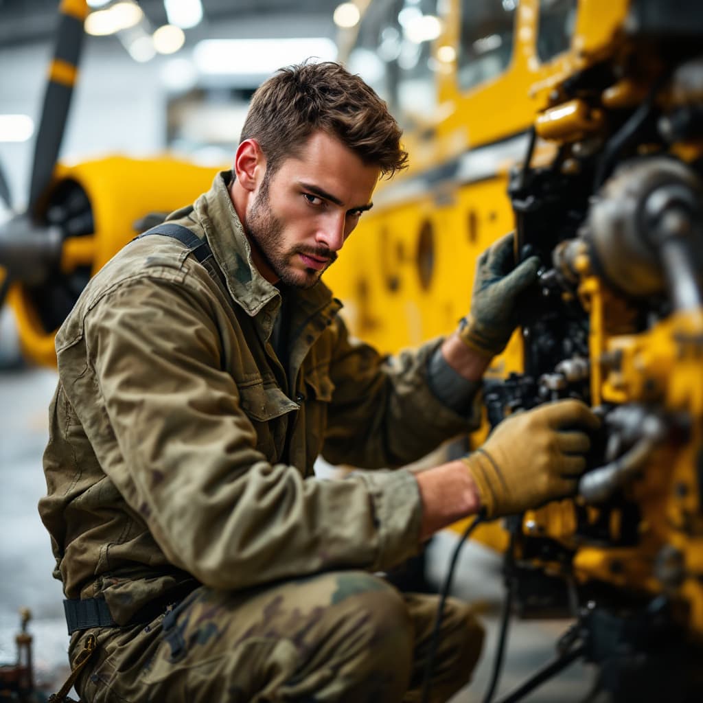 AI generated: a handsome young Canadian man performing maintenance on a yellow water bomber airplane