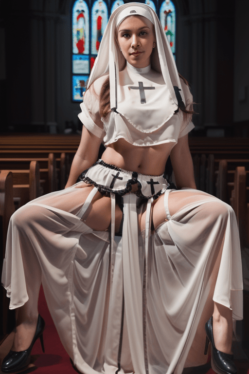 AI generated: gorgeous nun posing in church, garter_belt, attractive, flirting, (((full body visible))), looking a...