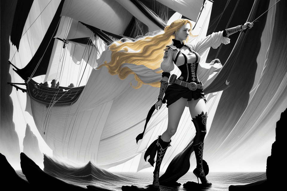 AI generated: full body, young female pirate (blonde, ample), , manga, comic book, black and white, pencil sketch,...