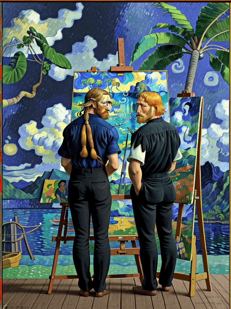 AI generated: Side view Gauguin style  portrait of only two men:  van Gogh and Gauguin standing in front of easel ...