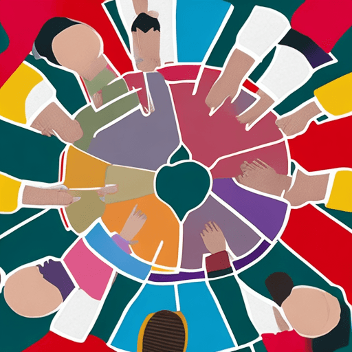 AI generated: Viewed from above, an image of five students sitting at a round table each holding a piece of a jigs...
